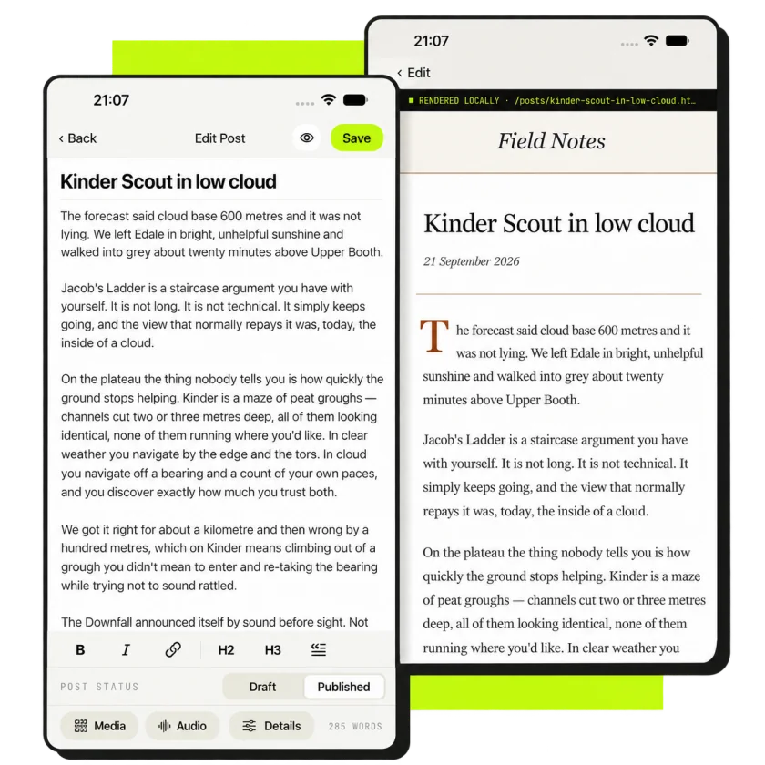 Product illustration showing a Selfish post in the editor beside its finished static page