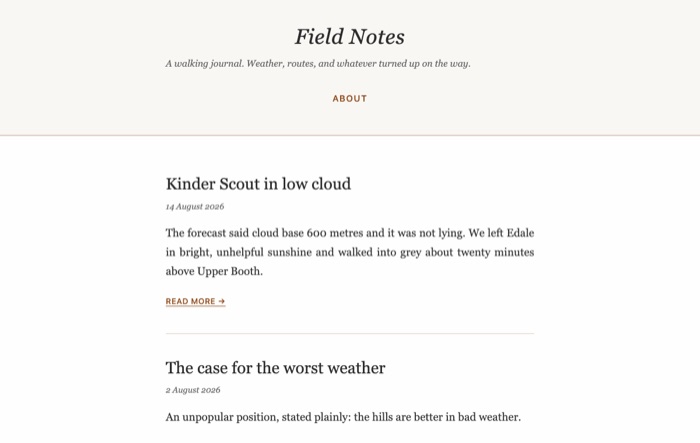 The Field Notes example site, published with Selfish