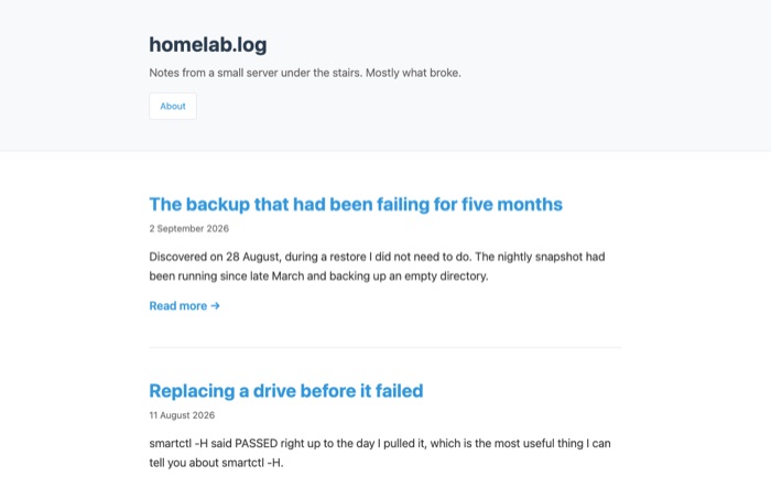 The homelab.log example site, published with Selfish